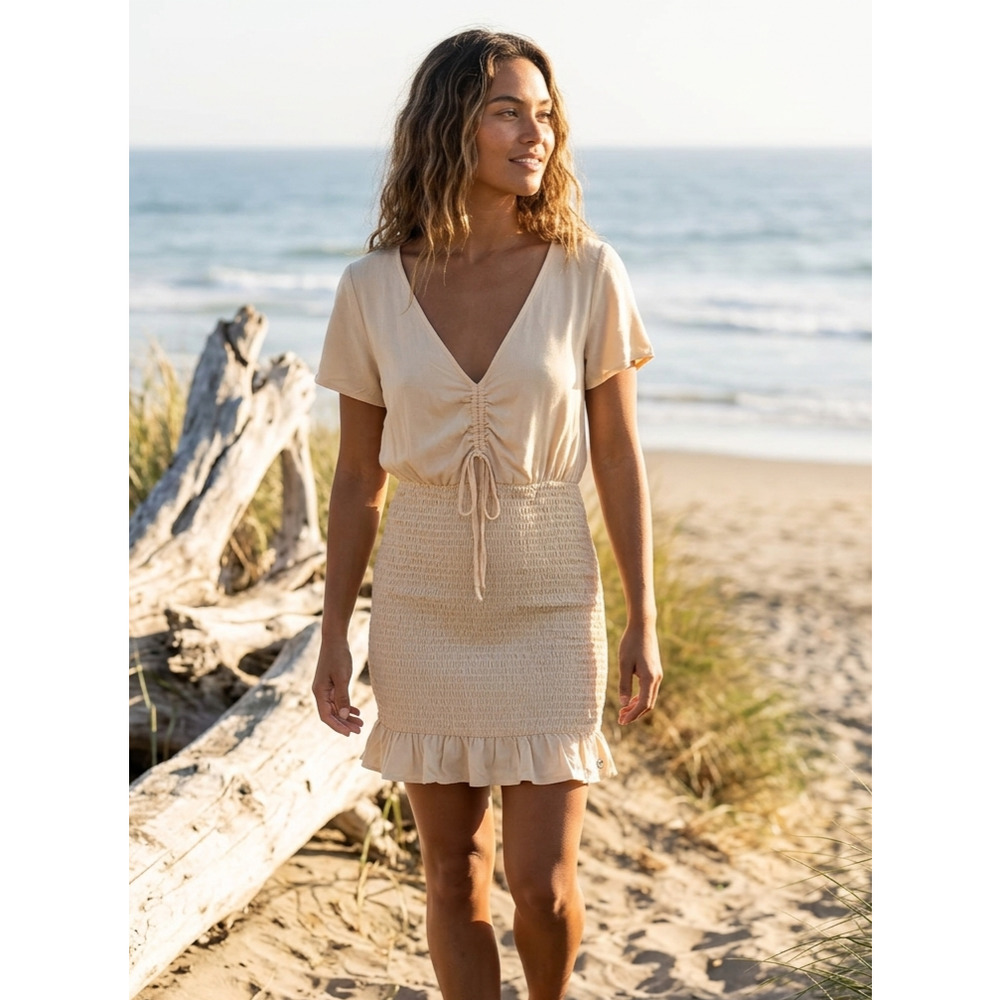 Roxy Island View Smocked Mini Dress Beige V Neck Ruffle Short Sleeve Small NWT